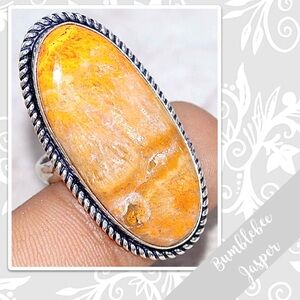 Bumblebee Jasper Large Silver Artisan Ring, Size 8 (Yellow, Gold, Yellow-Orange)